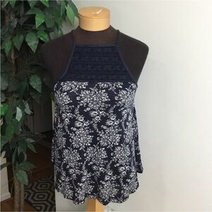 Cape Juby blue & white floral tank top Woman’s size XS halter high neck